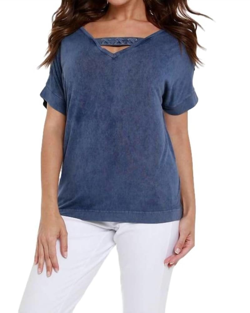 Front of a model wearing a size XXL Front To Back Braided Top in Denim in Denim by ANGEL. | dia_product_style_image_id:326671